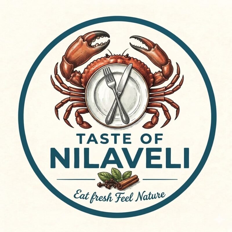 Taste of Nilaveli logo — crab, plate and cutlery with the slogan Eat fresh Feel Nature