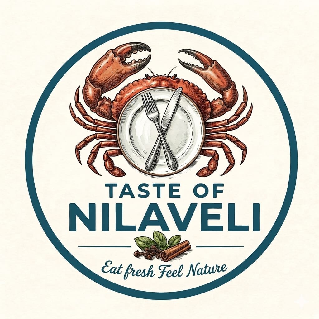 Taste of Nilaveli logo — crab, plate and cutlery with the slogan Eat fresh Feel Nature