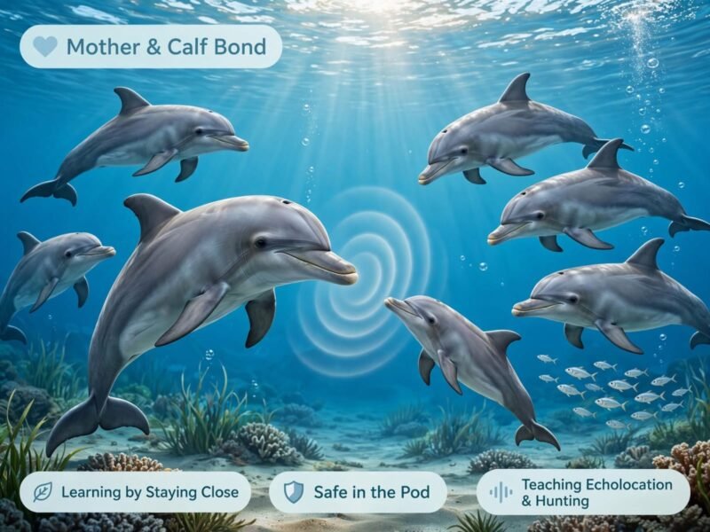 Mother & Calf Bond (same image):
Alt text: Mother spinner dolphin teaching calf to use echolocation in clear blue water near Trincomalee, surrounded by protective pod - showing safe loving dolphin family bond and calf learning to hunt