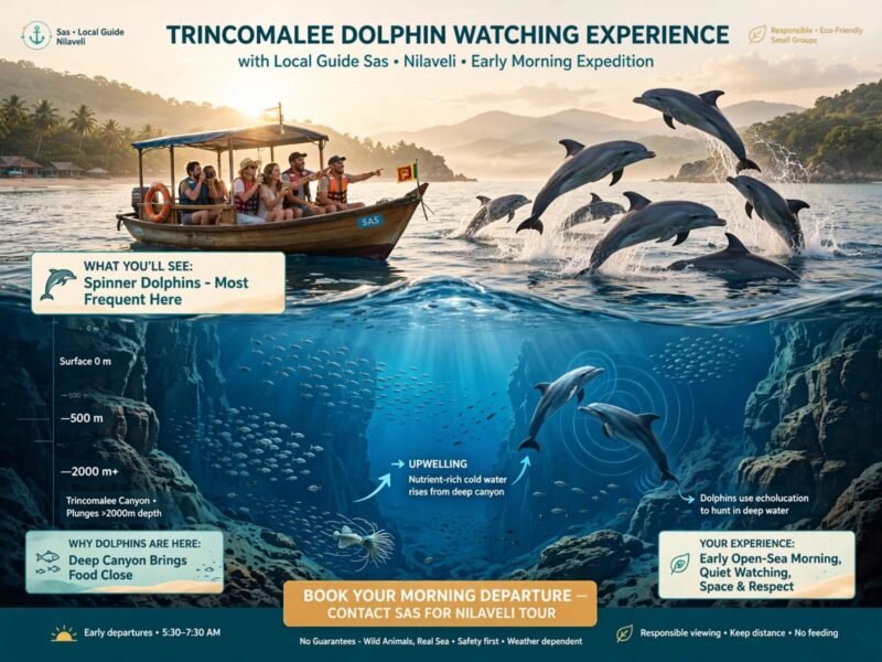 Trincomalee dolphin watching experience with local guide Sas in Nilaveli - tourists in small boat watching spinner dolphins leaping at sunrise, underwater view of deep canyon upwelling bringing food close, responsible viewing